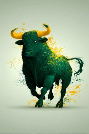 A powerful bull bounds forward, enveloped in splashes of green and yellow, showing strength and energy in a striking artistic style. The background enhances its motion and vitality.の素材