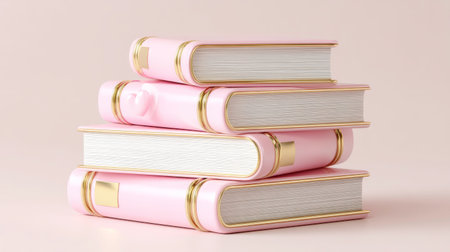 A collection of five pink hardcover books stacked with golden embellishments resting on a soft pastel background. The arrangement offers a charming visual appeal for decor or design inspiration.の素材