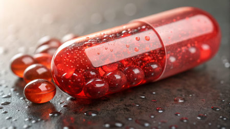 A large red gel capsule is half open, revealing smaller red capsules inside. The surface is wet, adding a fresh look to the health supplements displayed.の素材