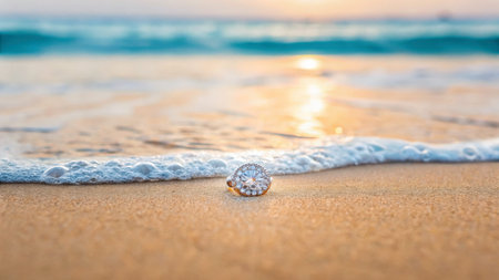 A stunning diamond ring lays on the golden sand as the sun sets on the horizon. Gentle waves lap at the shore, creating a picturesque coastal moment.の素材
