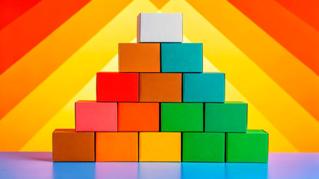 Building blocks are stacked in a pyramid shape, featuring various colors such as orange, green, pink, and blue. The vibrant rainbow backdrop enhances the playful atmosphere, inviting creativity.の素材