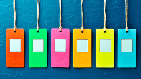 A vibrant display of blank tags in various colors hangs against a textured blue backdrop. These tags can be used for labeling, organizing, or crafting. Perfect for creativity.の素材