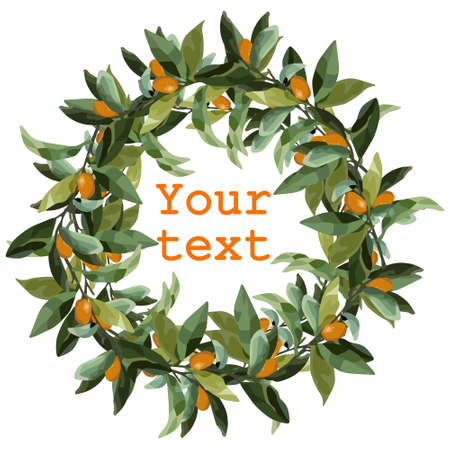 Round wreath of orange branches. Vector wreath for lemonade labels, summer designs, summer cafes, summer menus, banner adのイラスト素材