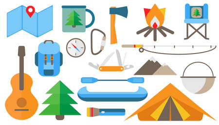 A set of items for tourism and hiking. Includes flat map, mug, ax, fire, chair, backpack, compass, carbine, knife, fishing rod, mountains, bowler hat, guitar, spruce, flashlight, canoe, paddle, tent.のイラスト素材