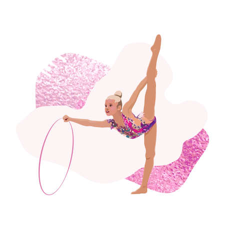 Elegant drawing of a gymnast. The girl is practicing in gymnastics with a hoop. On an abstract backgroundのイラスト素材