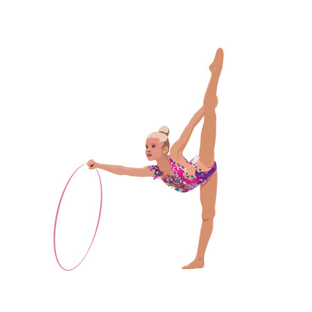Elegant drawing of a gymnast. The girl is practicing in gymnastics with a hoop. On an abstract backgroundのイラスト素材
