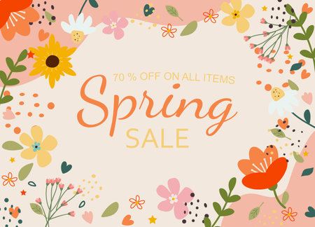 spring sale. Banner with spring composition. Multicolored banner with spring discounts. Vector. sale, offerのイラスト素材