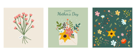 Set of cards with spring flowers, leaves and bouquets. Greeting card, poster, baner .Vector illustrationのイラスト素材