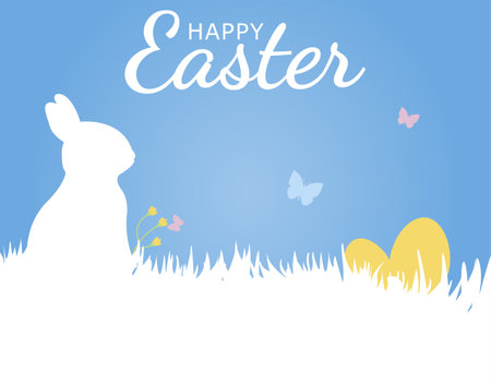 Happy Easter greeting card with a rabbit and easter eggs on a blue background. vector illustrationのイラスト素材