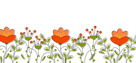 Red poppies on white background. Beautiful strokes line of botanical flowers sketch style. vector seamless pattern illustration design for fashion,fabric ,and all prints on white background colorのイラスト素材