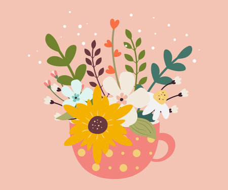 spring illustration. Card with spring flowers, leaves and bouquets. Greeting card, poster, baner .Vector illustration.のイラスト素材