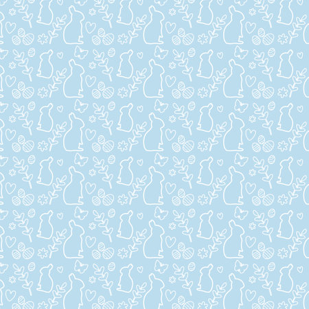 Drawn Easter seamless pattern outlined on a blue background, cute doodle eggs, great for textiles, banners, wallpaper, wrapping vector designのイラスト素材