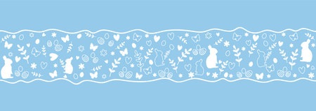 Easter ornament.Pattern with the image of rabbits, Easter eggs, butterflies and flowers on a blue background in a white stroke. vectorのイラスト素材