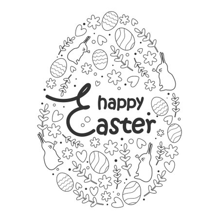 Easter Egg . Pattern with the image of rabbits, eggs, branches in the form of an Easter egg with an inscription in the middle. Pattern in dark editable stroke. Vectorのイラスト素材
