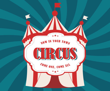 Circus poster. World Circus Day. Image of a vintage circus tent with a large inscription Circus on a dark blue background with diverging rays. Vector Illustration EPS10のイラスト素材