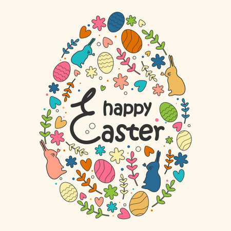 Easter Egg .Color pattern with the image of rabbits, eggs, branches in the form of an Easter egg with an inscription in the middle. Pattern in dark editable stroke. Vectorのイラスト素材