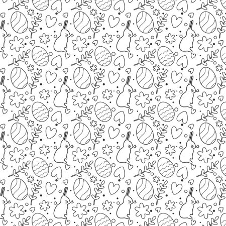 Drawn Easter seamless pattern outlined on a white background, cute doodle eggs and flowers with hearts in a stroke , great for textiles, banners, wallpaper, wrapping vector designのイラスト素材