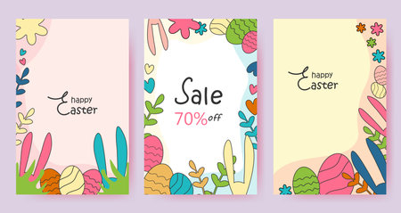 Happy Easter set of banners, greeting cards, posters, holiday covers. Holiday sale. Minimalist contemporary art style. Vectorのイラスト素材