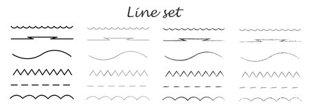 Set of artistic pen brushes.Doodles, ink brushes.Collection of strokes of markers. Set of different wavy horizontal linesのイラスト素材