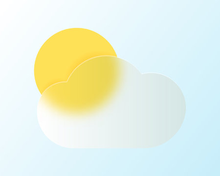 Transparent glass vector icons design. Sun behind cloud in glassmorphism styleのイラスト素材