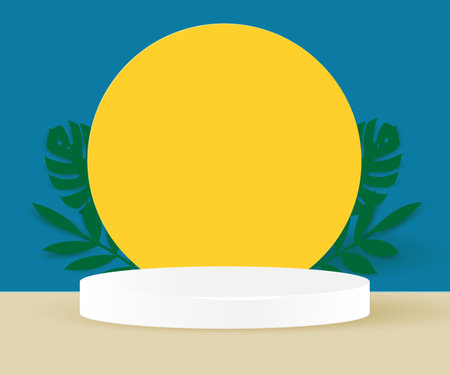 White podium decoration with scene summer, sun, blue and yellow background. Stage platform for display product, show, sale. Abstract backdrop decor with tropical plant leafs. Vectorのイラスト素材