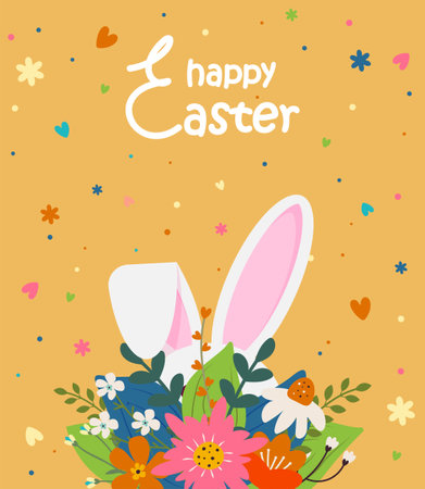 Easter lettering. Easter greeting card with bunny ears and flowers on a orange background. Vector . Easter greeting cardのイラスト素材