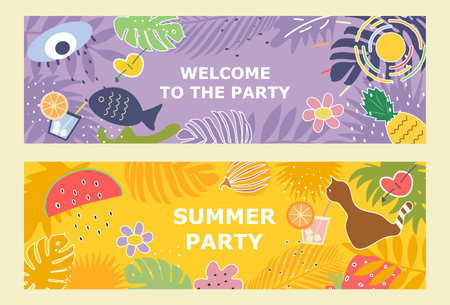 Set of vector banners for a summer beach party with fruits and cocktails .Summer party poster in a flat style. Vectorのイラスト素材