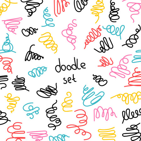 Vector set of colorful hand drawn scribble springs line shapes. Scribble brush strokes set. Springs doodle pattern. Vector illustration Isolated on white backgroundのイラスト素材