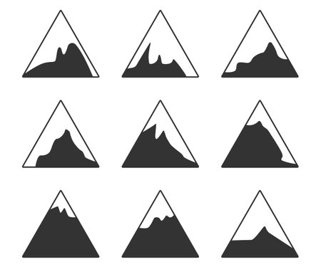Mountains, rocks and peaks. Vector illustration and logo design elements. Image of mountains with snow-capped peaksのイラスト素材