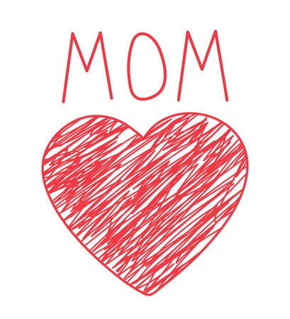 Happy Mothers day greeting card with pink heart. Congratulations on Mothers Day. Hand drawn postcard. Childish doodle.Big red heart. Vector illustrationのイラスト素材