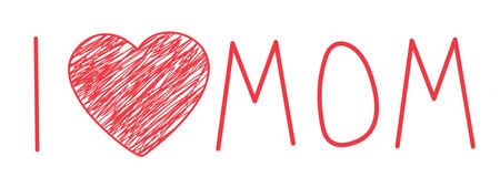 Congratulations on Mothers Day. Greeting card with pink hearts and lettering.Hand drawn postcard. Childish doodle.Big red heart. Vector illustrationのイラスト素材