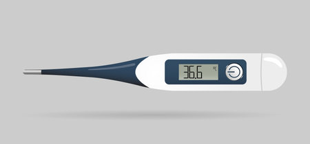 Icon of digital thermometer with measuring body temperature. Medical equipment for using at hospital or home. Realistic illustration isolated on a grey background.のイラスト素材