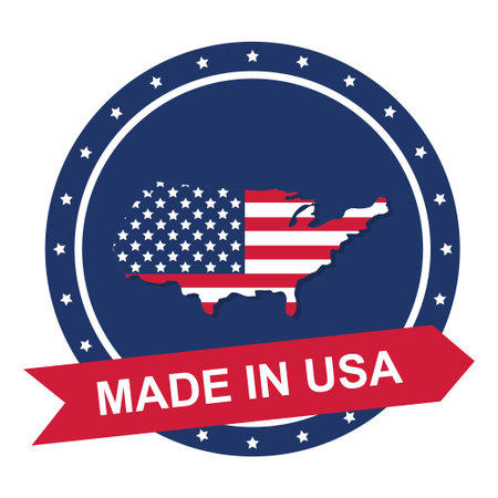 Round emblem with Made in USA inscription. Made in America. Vector emblem, label, note.のイラスト素材