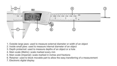 Realistic digital caliper with scale and screen. Explanatory note to the caliper device. vector illustrationのイラスト素材