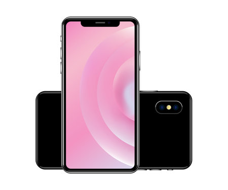 Smartphone, mobile phone isolated, realistic vector illustration.smartphone front and back view. Smartphone pink wallpaperのイラスト素材