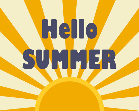 The inscription hello summer on the background of the sun. Sun rays. Summer background with an inscription. Vectorのイラスト素材