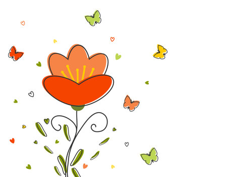 Summer flower with butterflies. Red poppy on a white background. Summer background. Vectorのイラスト素材