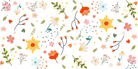 Multicolored flowers on a white background. Pretty floral pattern for print. Flat design vector.のイラスト素材