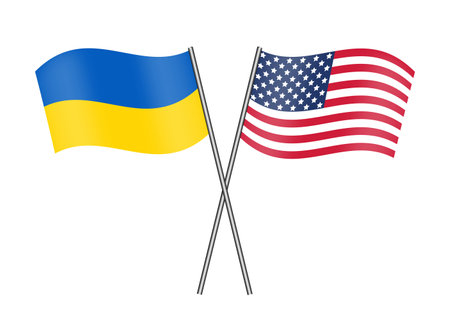 Vector image of the realistic flags of Ukraine and the USA. Flags on a metal holder.のイラスト素材