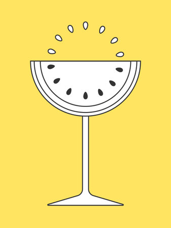 Watermelon in the form of a glass in a stroke. A white glass with a black outline on a yellow background.Coloring book. Vectorのイラスト素材