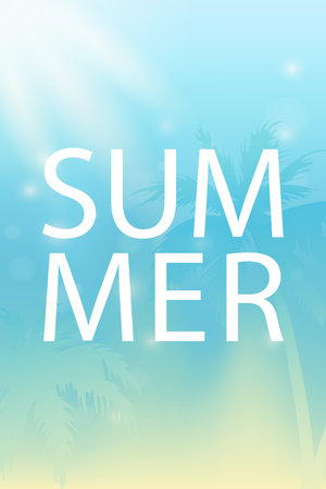 Summer background in blue color with sun glare and palm trees. The inscription summer on a blue background. Vectorのイラスト素材