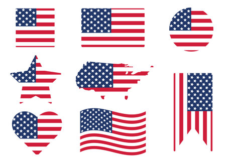Various American flags set isolated on white background. Flags and different shapes labels. Patriotic USA symbols vector illustration.のイラスト素材
