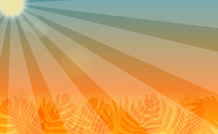 Vector horizontal summer background with sunbeams and tropical leaves. Summer banner with place for inscriptionのイラスト素材