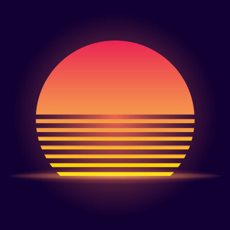 Vector illustration of retro sun in 80s style. Futuristic background with sunset. Trendy design for sci-fi, cyber abstract poster, print.のイラスト素材