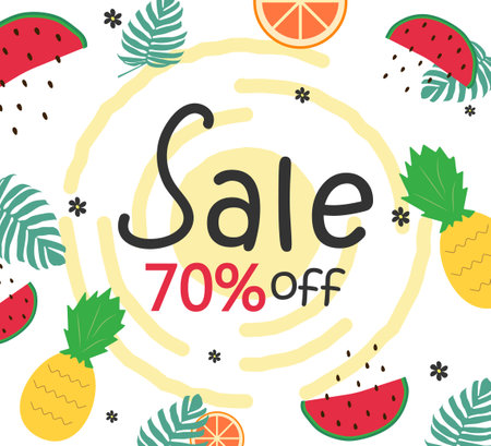 Summer sale design template. pattern with fruits and tropical leafs elements in flat style background, vectorのイラスト素材