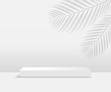 Vector 3D rectangular podium. White pedestal on a light background with a shadow from the leaves. Podium for product presentationsのイラスト素材