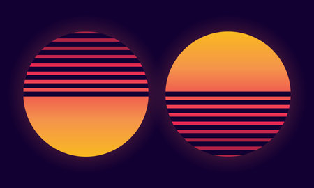 Vector illustration of two retro suns. Futuristic background with sunset. Trendy design for sci-fi, cyber abstract poster, print.のイラスト素材