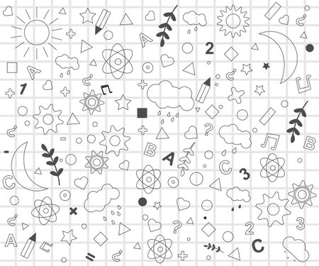 Back to school set of elements in a stroke on a sheet in a cage. Banner Welcome back to school. line illustration. vectorのイラスト素材