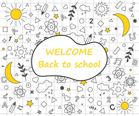 Back to school set of elements in a stroke on a sheet in a cage. Banner Welcome back to school. line illustration. vectorのイラスト素材