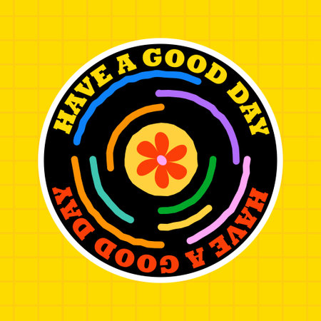 Colored cartoon sticker in retro style. Funny sticker on yellow background. Happy a good day.のイラスト素材